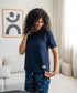 Women summer pajama set Dark blue Tee + Magnolia floral shorts